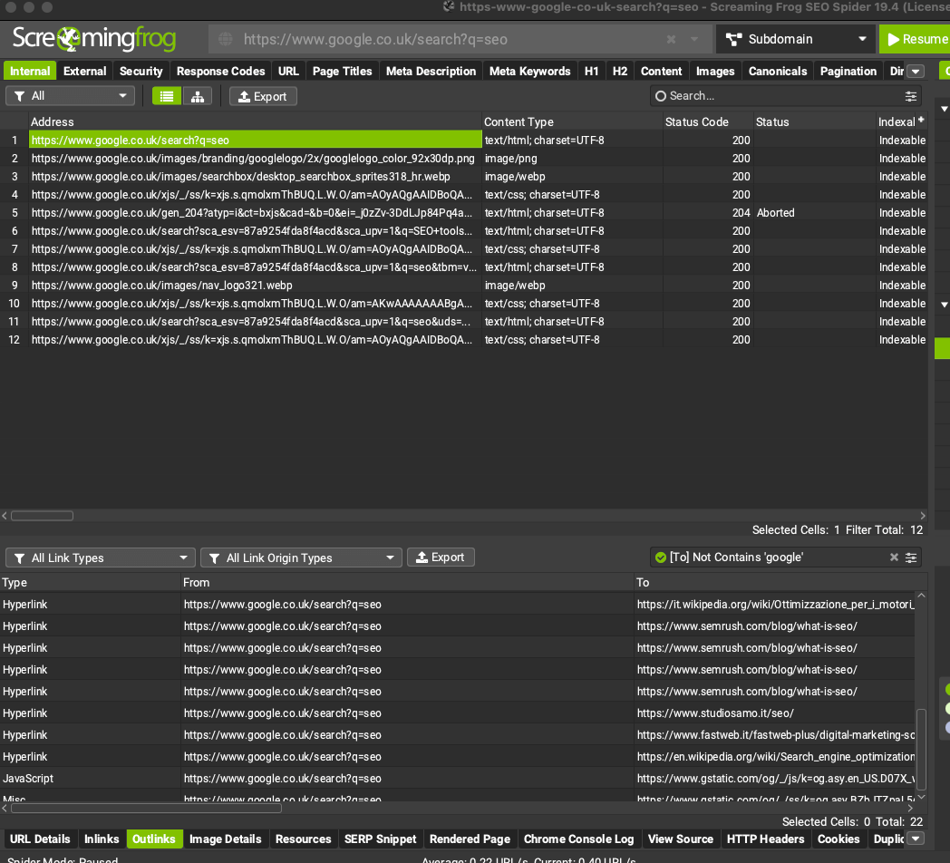 uso dei filtri di Screaming Frog per trovare competitors in Serp con modalità List