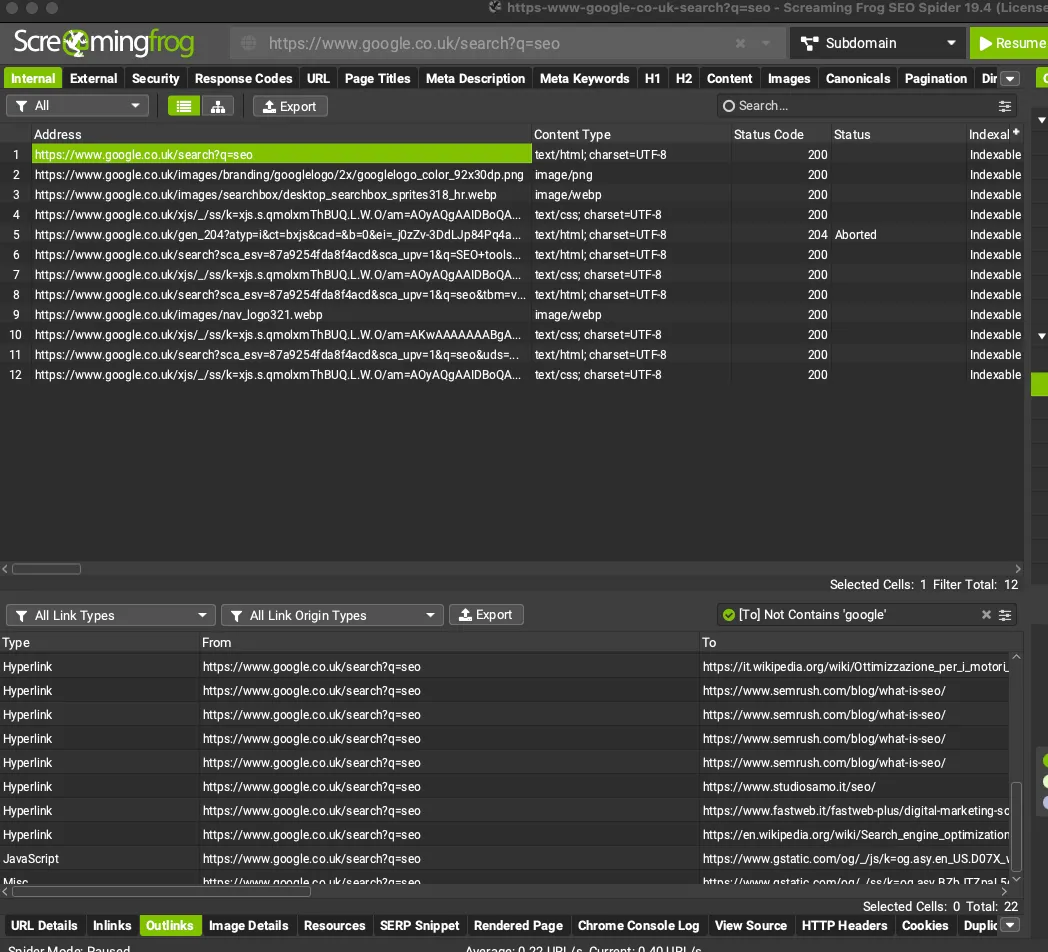uso dei filtri di Screaming Frog per trovare competitors in Serp con modalità List