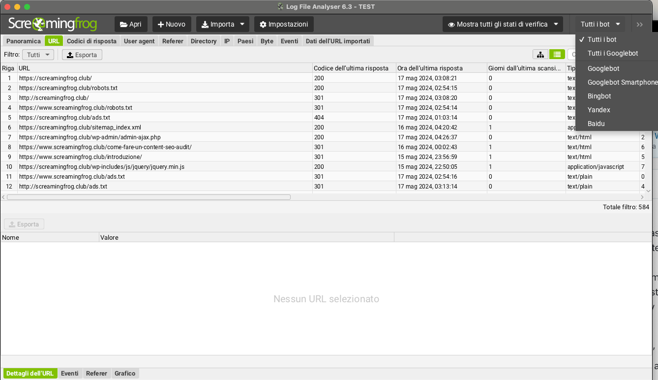 Analisi della Tab URL del software log file analyser