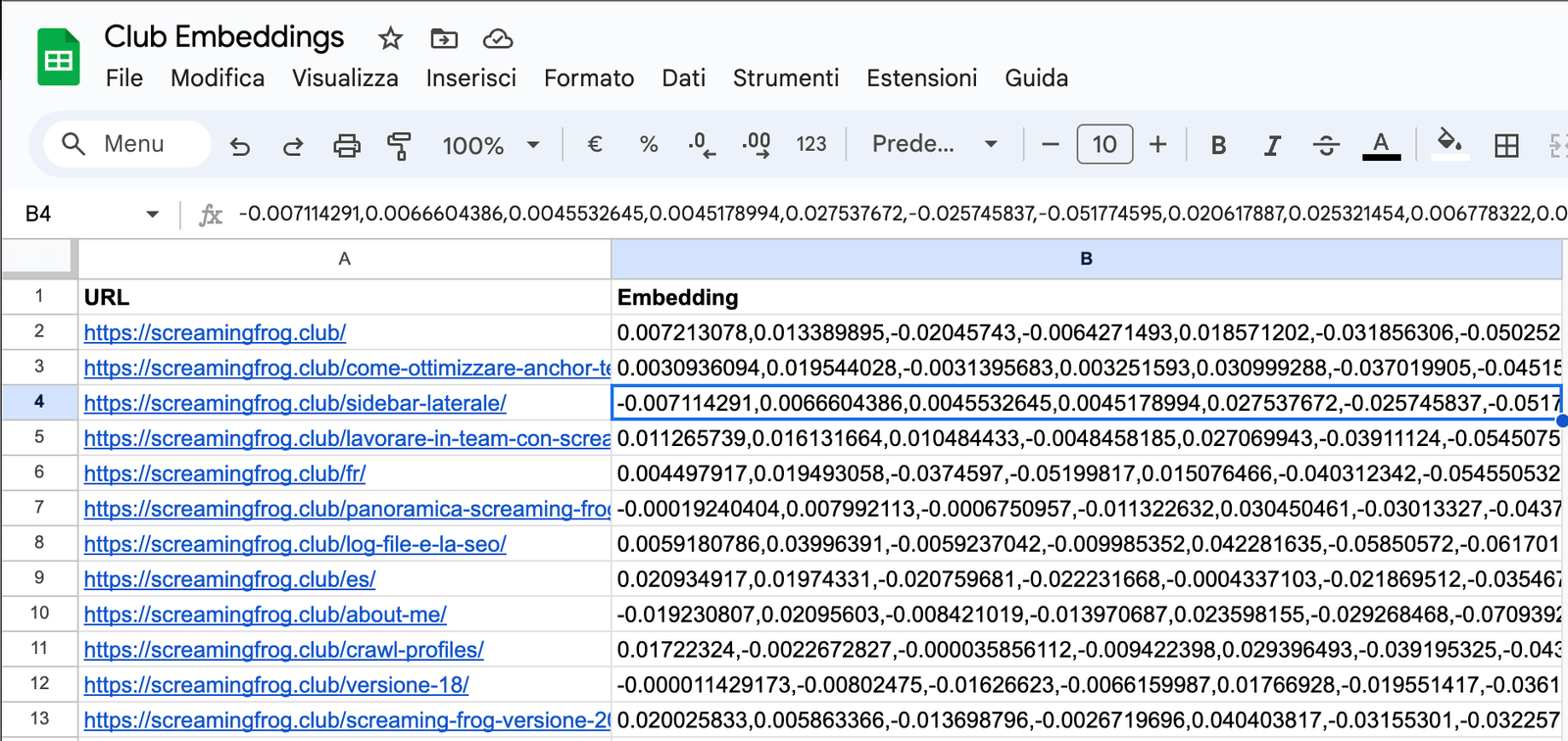 Esempio Embeddings con Screaming Frog e formattazione corretta