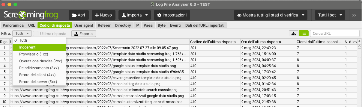 Utilizzo del filtro Incosistent con Log file analyser
