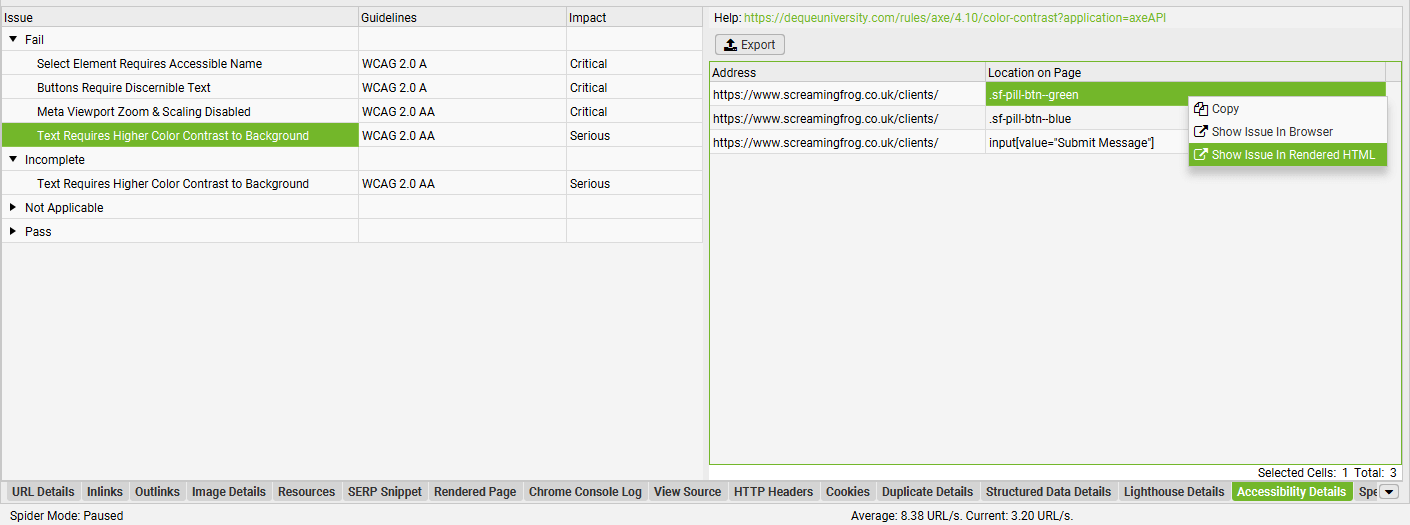 Dettagli sull'accessibilità nella schermata inferiore del seo spider