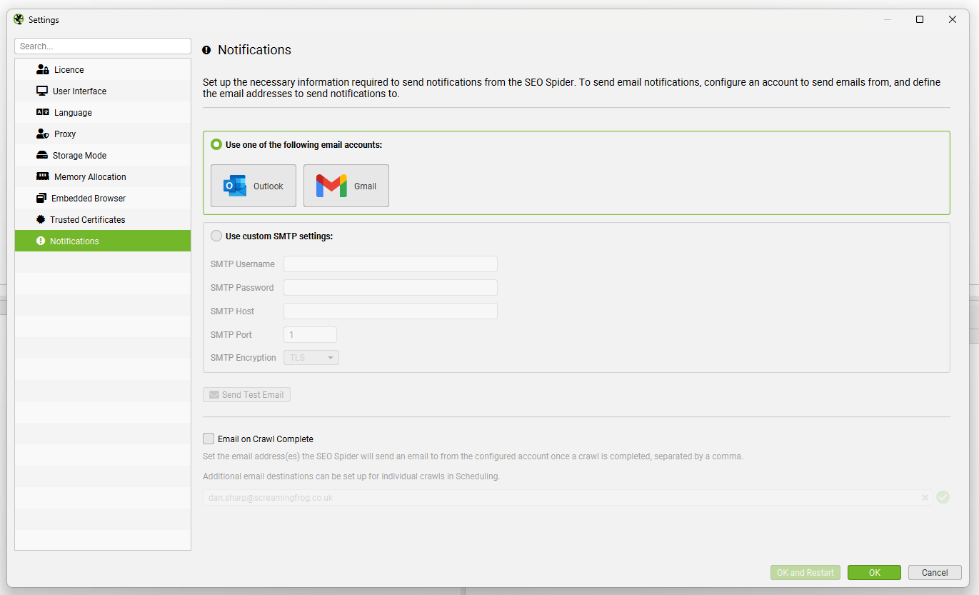 Notifica delle email al completamento del crawl con screaming frog