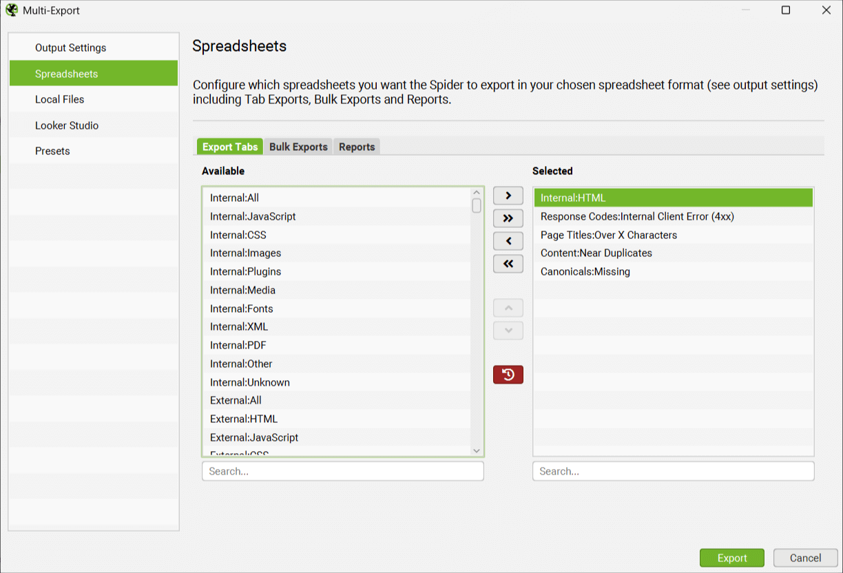 esportazione multipla con il seo spider dei dati di scansione