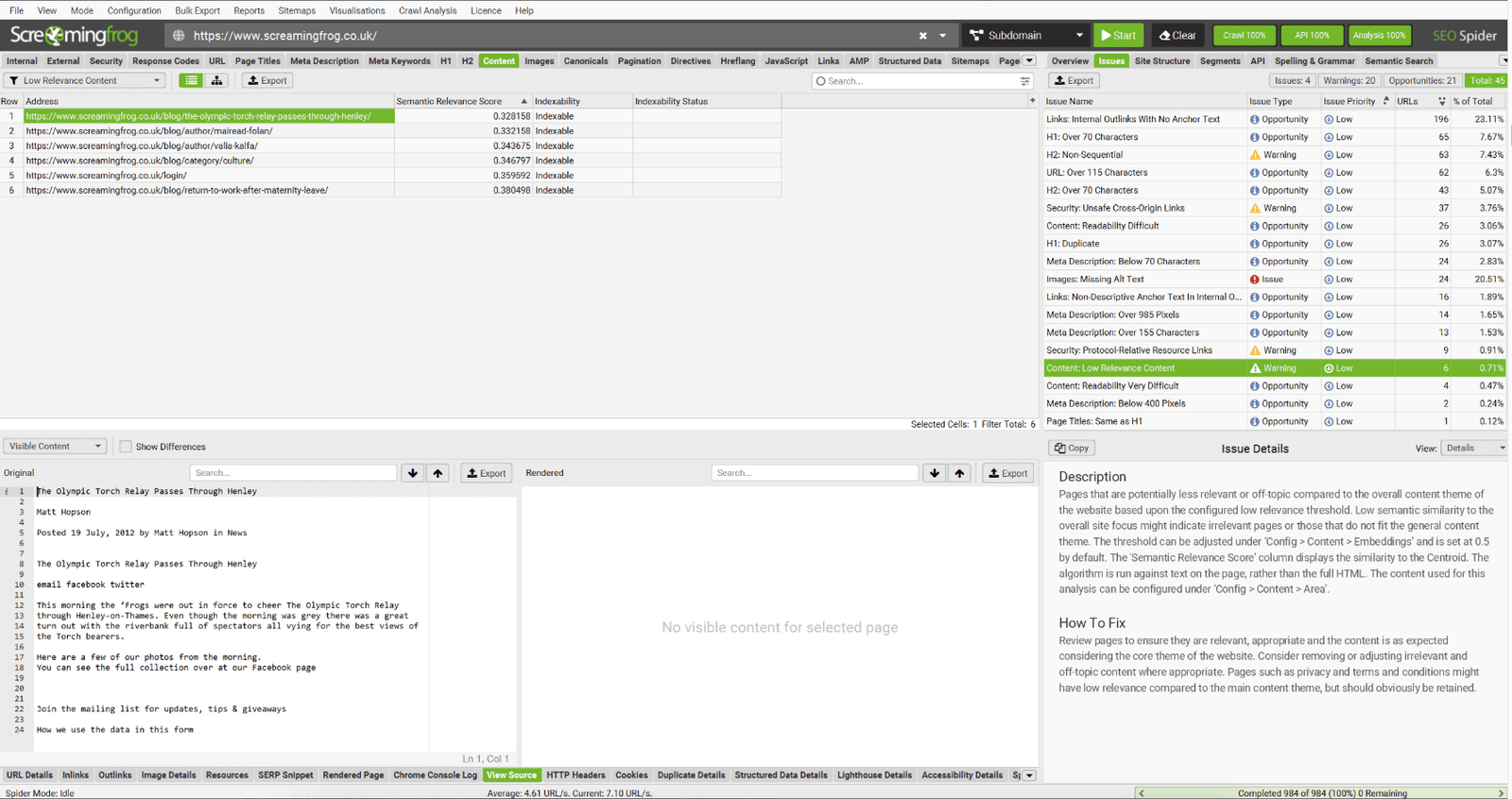 Definizione dei low relevance content con screaming frog