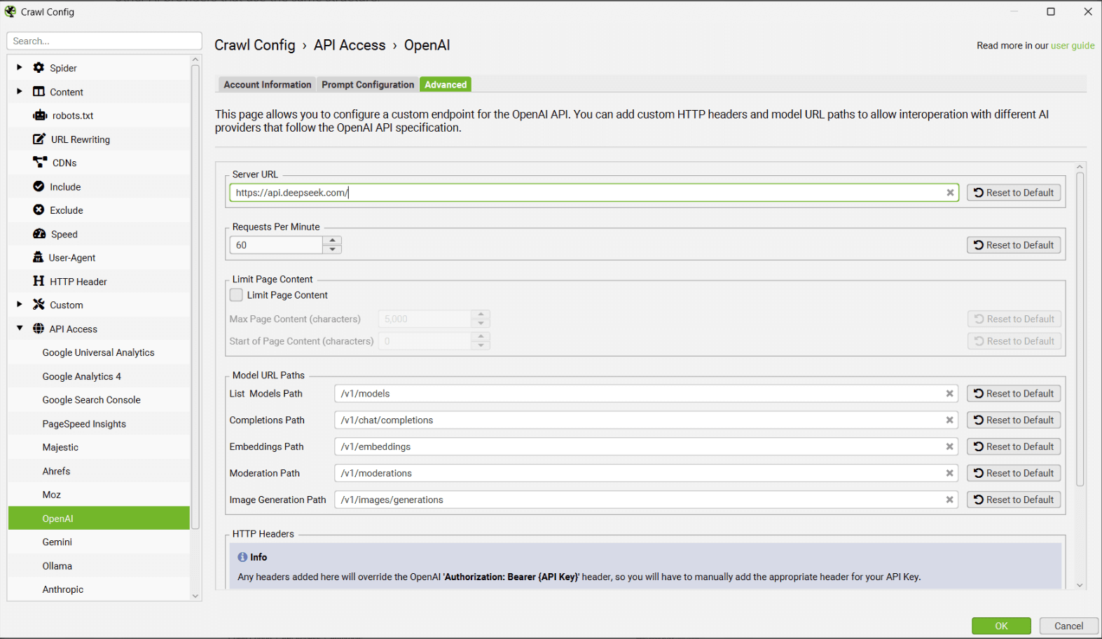 definizione degli endpoint con screaming frog nella gestione prompt AI