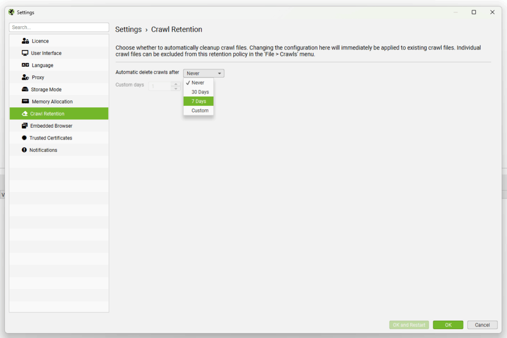 Opzioni della crawl retention di screaming frog